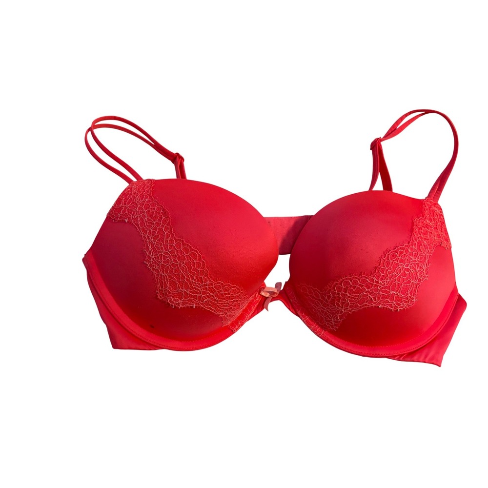 Victoria's Secret Very Sexy Push Up Bra Neon Coral Pink Lace Trim 36C‎
